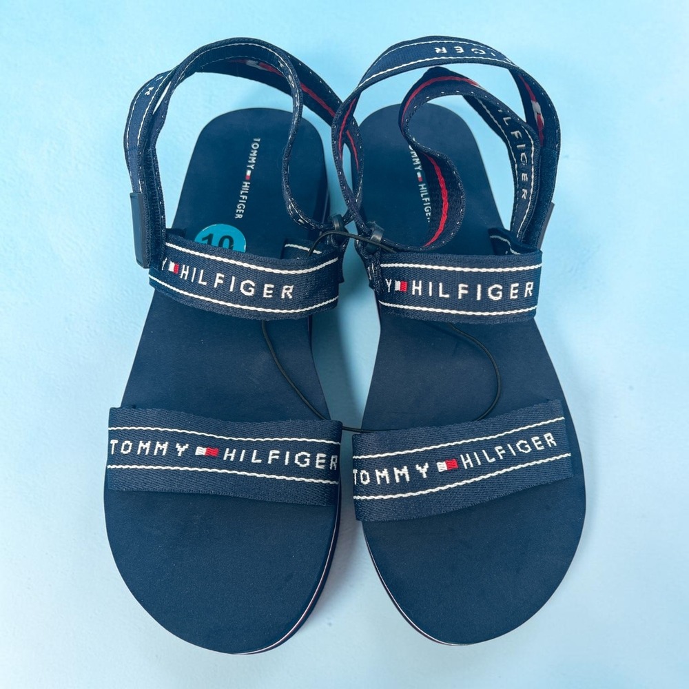 Tommy Hilfiger Womens Navy Blue Logo Webbing Platform Wedge Sandals Size 10